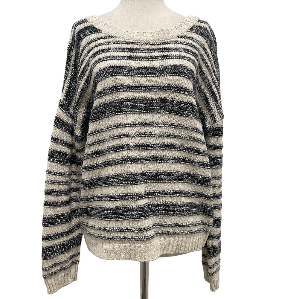 Massimo Dutti Textured Cotton Stripe Round Neck Black Cream Sweater Medium